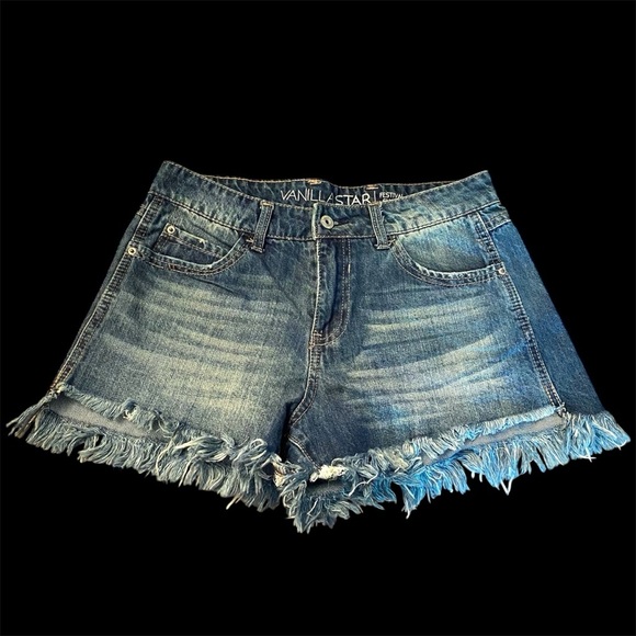 Vanilla Star Women's Blue Denim Fringy Shorts - Picture 1 of 5